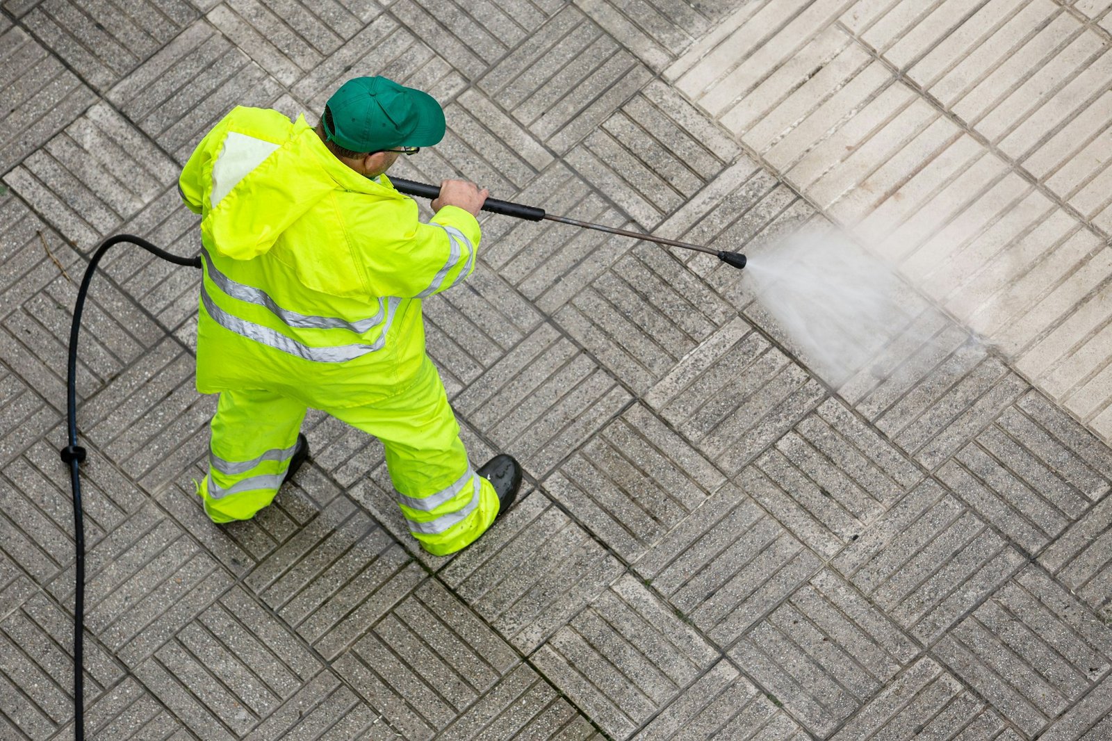 Worker cleaning a pavement sidewalk with high pressure water jet